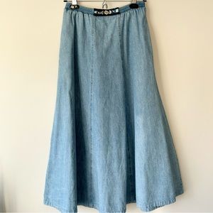 Vintage Traditional Tribal A Line Flowy Denim Midi Skirt